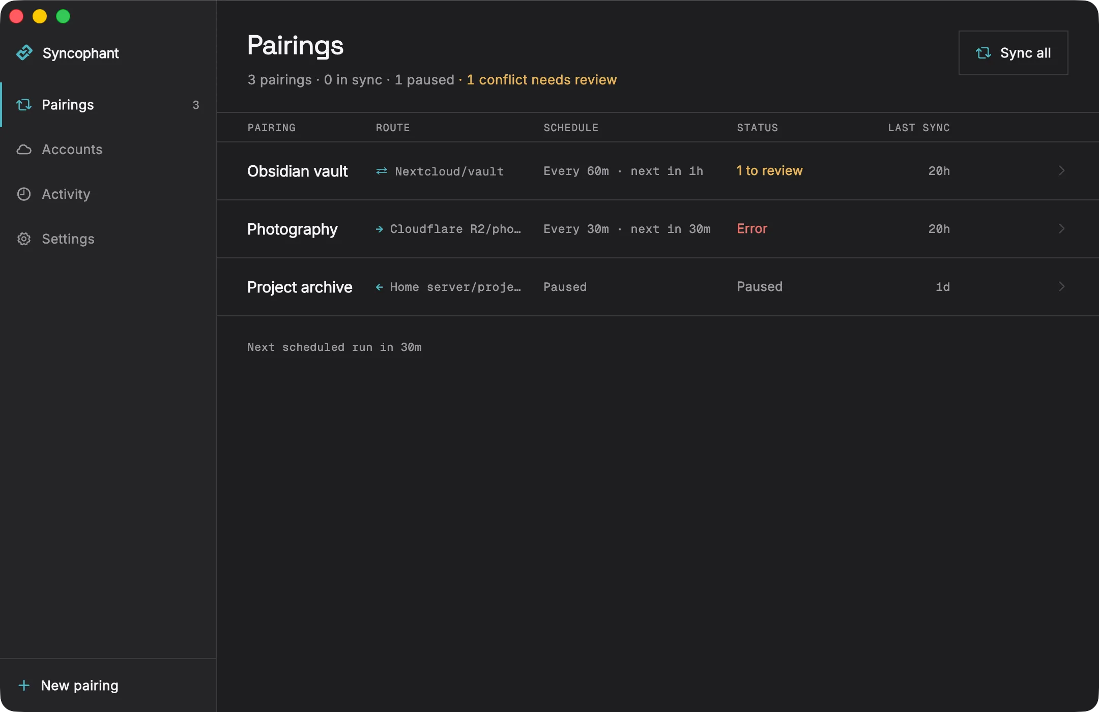 The Pairings screen of the macOS build: three pairings with their route, schedule, status and last sync, one with a conflict to review